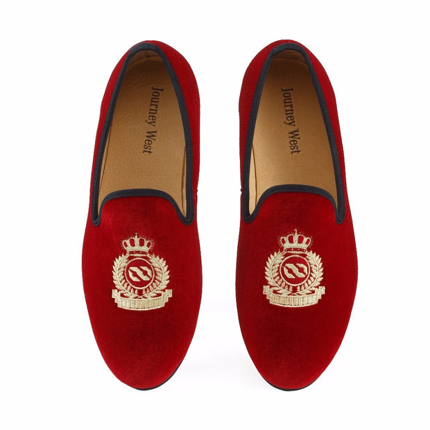 New Handmade Men Red Velvet Loafers With Crown Casual Dress Shoes