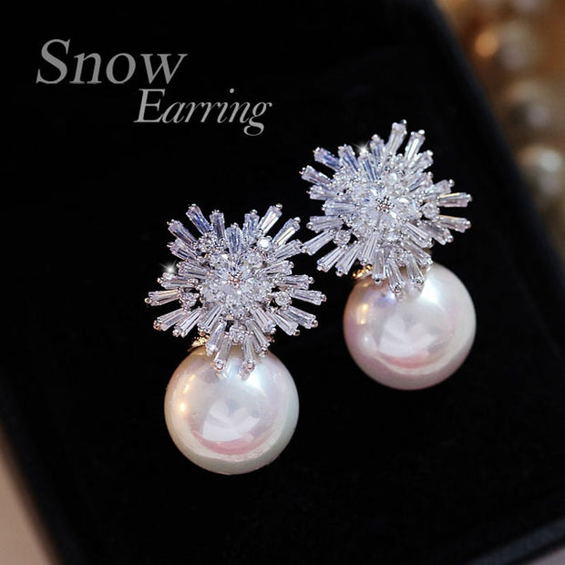 Imitation Pearl Earrings Women Fashion Snowflake Crystal Earrings Charm