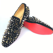 New Handmade Men Black Leather Slippers Loafers Shoes With Gold Spikes