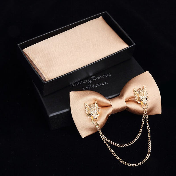 Adjustable Bow Tie Metal Wing Bowtie Pocket Square Towel Handkerchief Gift Set