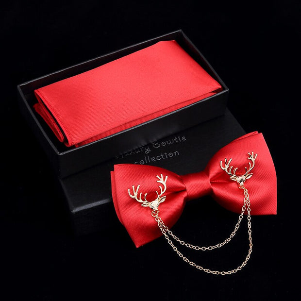 Adjustable Bow Tie Metal Wing Bowtie Pocket Square Towel Handkerchief Gift Set