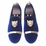 New Handmade Men Gold Buckle Loafers Slippers Shoes Men Blue Velvet Shoes