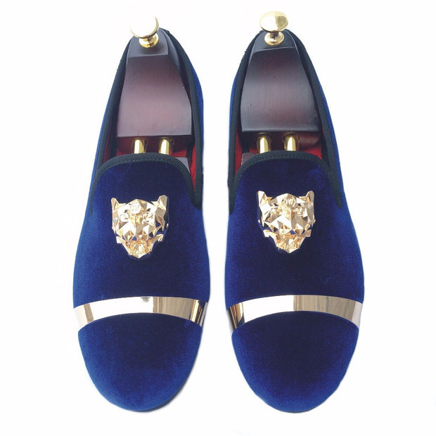 New Handmade Men Gold Buckle Loafers Slippers Shoes Men Blue Velvet Shoes