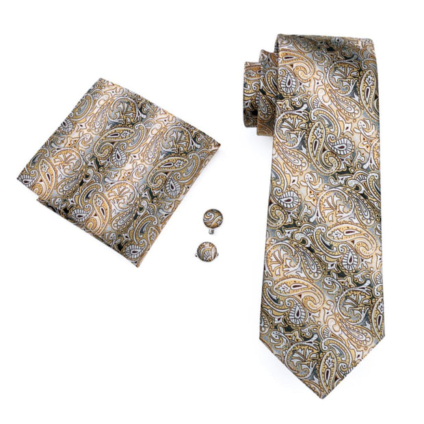 FA-271 Gents Necktie Yellow Paisley 100% Silk Jacquard Tie Hanky Cufflinks Set