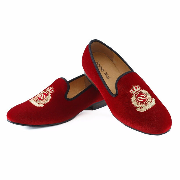 New Handmade Men Red Velvet Loafers With Crown Casual Dress Shoes
