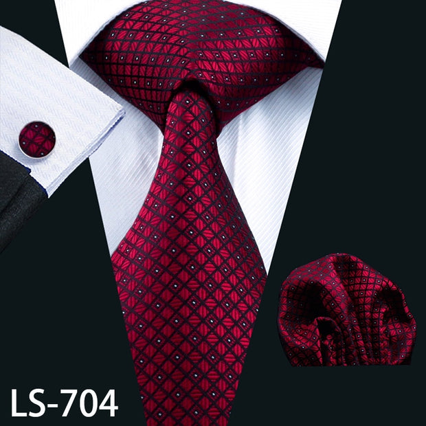 LS-704 Men`s Tie 100% Silk Red Plaid Jacquard Woven Wedding Tie
