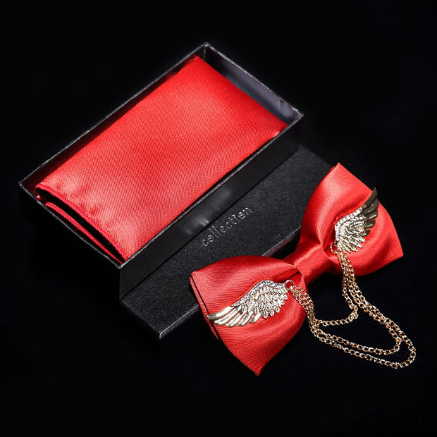 Adjustable Bow Tie Metal Wing Bowtie Pocket Square Towel Handkerchief Gift Set