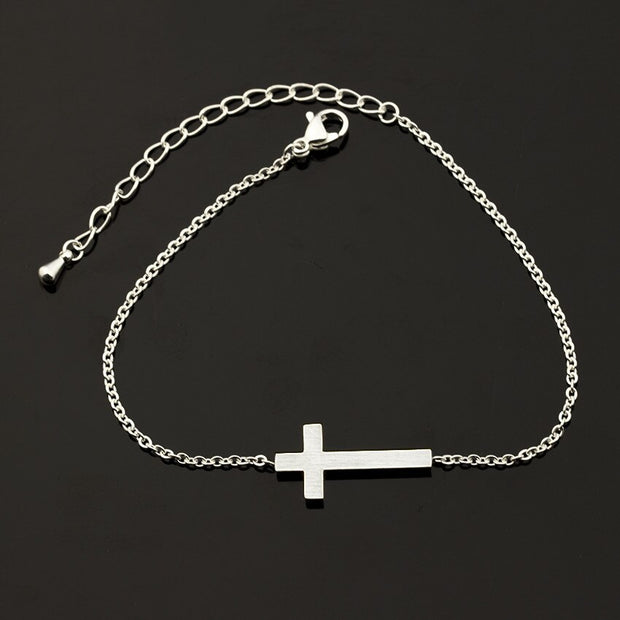 Charms Sideways Cross Bracelet Stretch Chain Stainless Steel Classic Christian Bracelet
