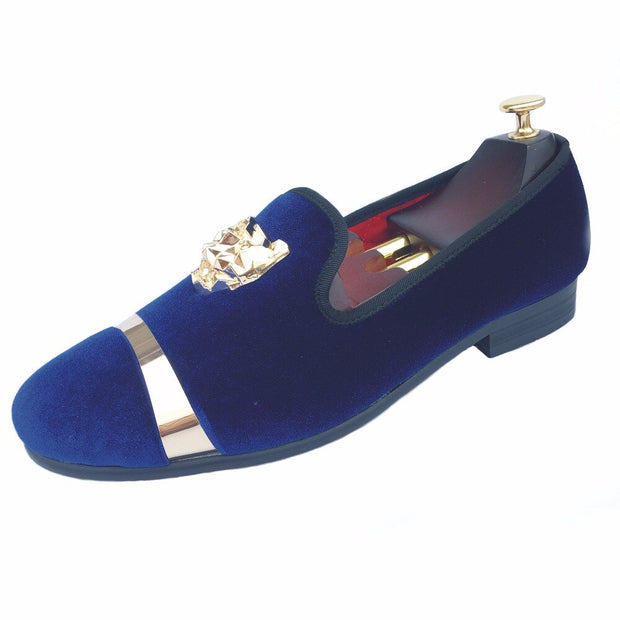 New Handmade Men Gold Buckle Loafers Slippers Shoes Men Blue Velvet Shoes