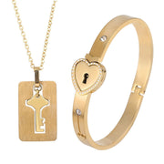 Black Heart Bracelet Choker Set Jewelry Stainless Steel Key Pendant Necklace
