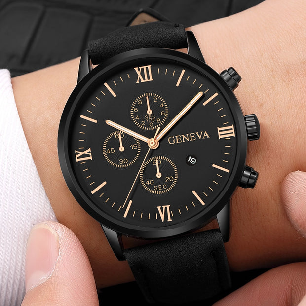 Men Casual Sport Watches Geneva Leather Band Calendar Quartz Watch