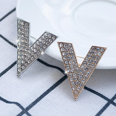 V Shape Fashion Brand Crystal Brooches For Women Letter Pin Coat