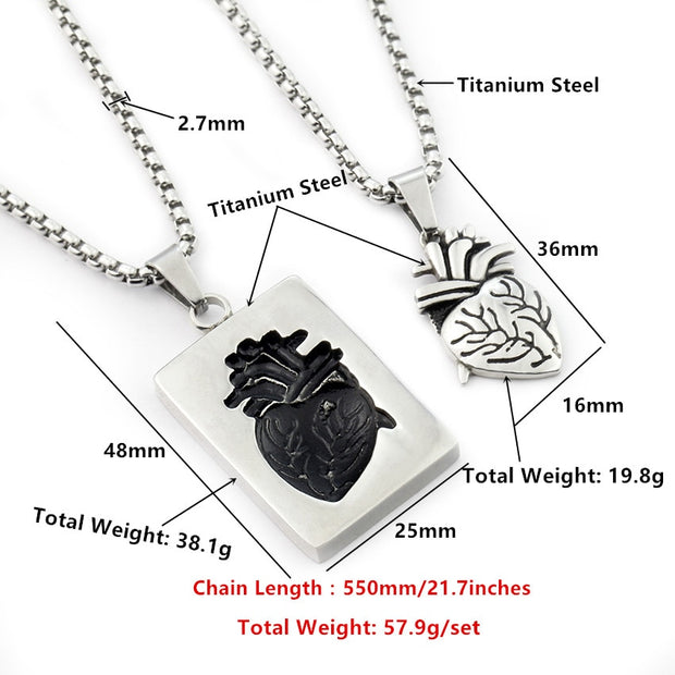 Gothic Anatomical Heart Pendant Necklace Set &amp; Puzzle Couple  Stainless Steel