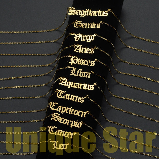 12pcs/set Wholesale 100% Stainless Steel Old English Zodiac Letter Necklace