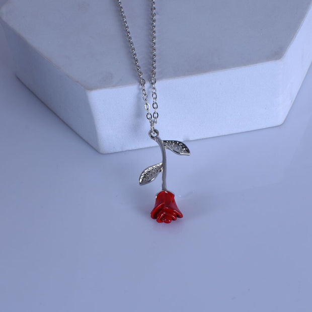 Retro Simple Rose Flower Pendant Charm Party Red Rose Necklace