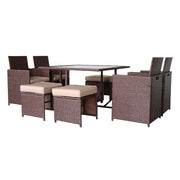 Patio Furniture Set 9 Pieces Wood Grain PE Wicker Rattan Dining Ottoman Chair