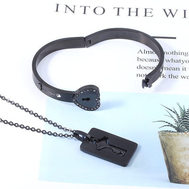 Black Heart Bracelet Choker Set Jewelry Stainless Steel Key Pendant Necklace