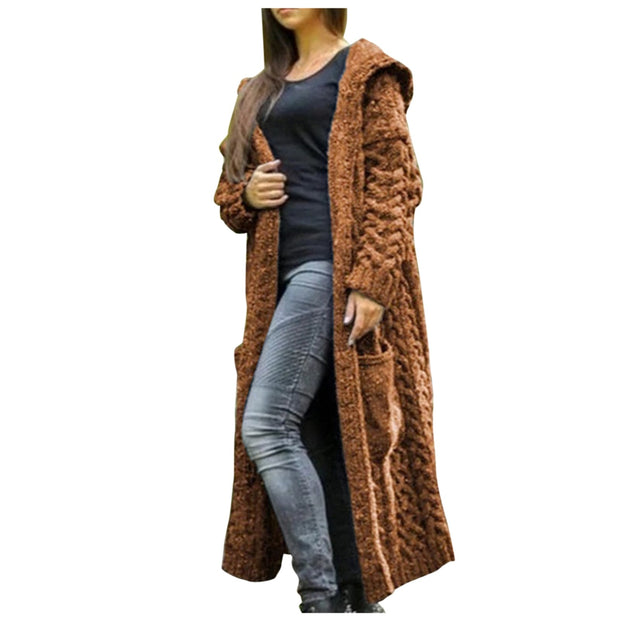 Cardigans Solid Color Long Sleeve Braid Knit Hooded Sweater