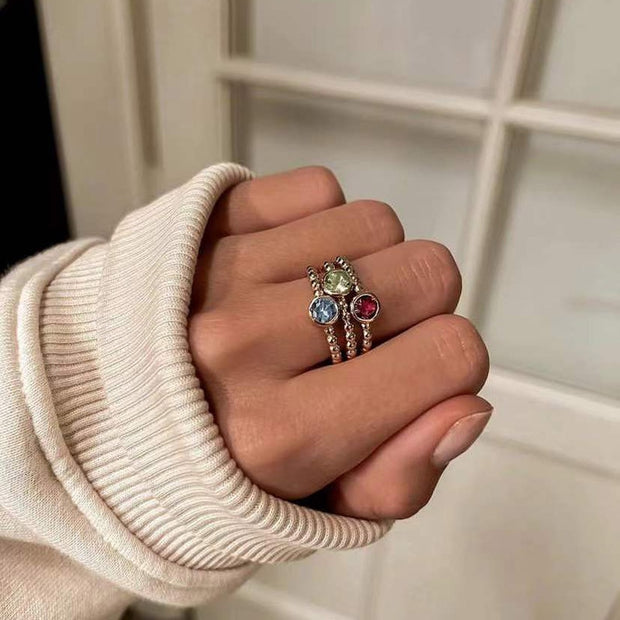 Multicolor Round Bead Zircon Rings For Women Stainless Steel Adjustable