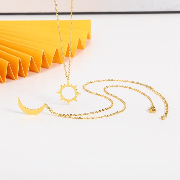 Charming Moon Sun Necklaces Set Stainless Steel Hollow Geometric Choker Necklaces