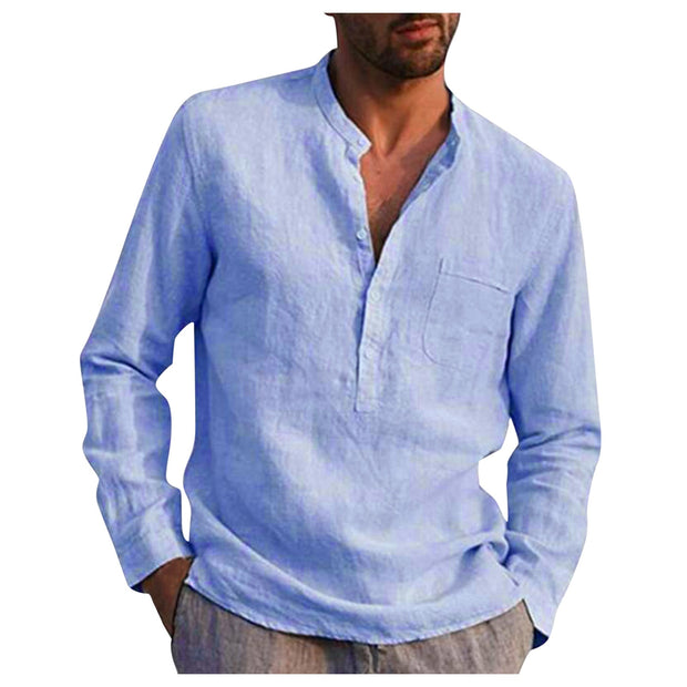 Shirts Stand Collar Solid Color Shirt Long Sleeve Pocket Cotton Shirt