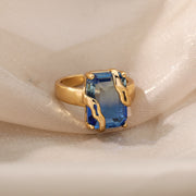 Blue Cubic Zircon Stone Ring For Women Stainless Steel  Square Geometry Finger Ring