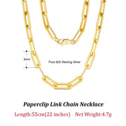 4K Gold Plated Genuine 925 Sterling Silver Paperclip Neck Chain 6/9.3/12mm