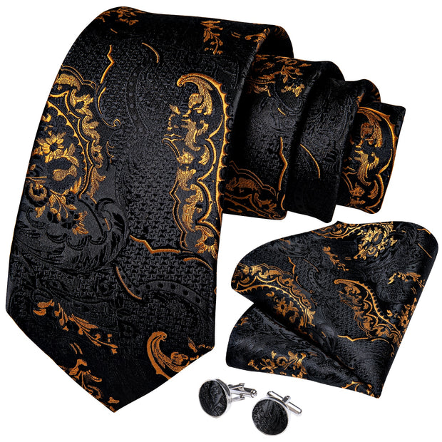 Men Tie Black Gold Paisley Quality Wedding Tie For Men Hanky Cufflink Silk Tie Set