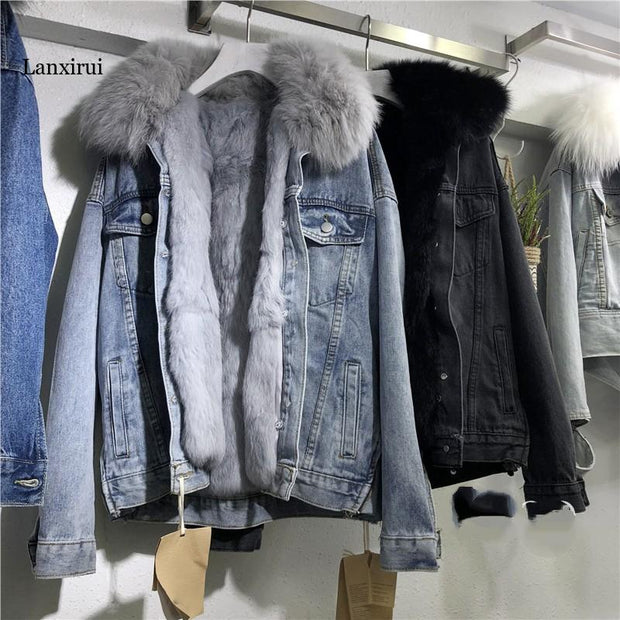Luxury Short Fox Fur Outwear Women Denim Jacket