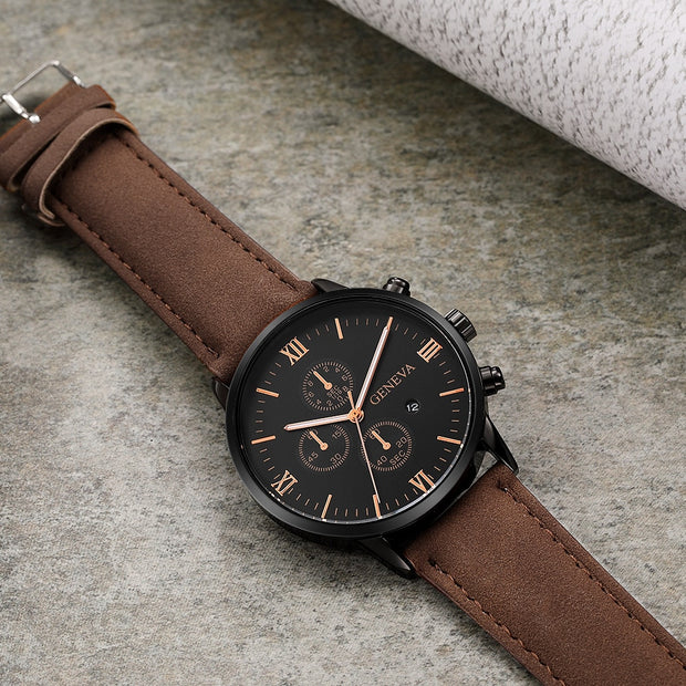Men Casual Sport Watches Geneva Leather Band Calendar Quartz Watch