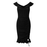 Off Shoulder Shiny Ruched Black Mini Dress