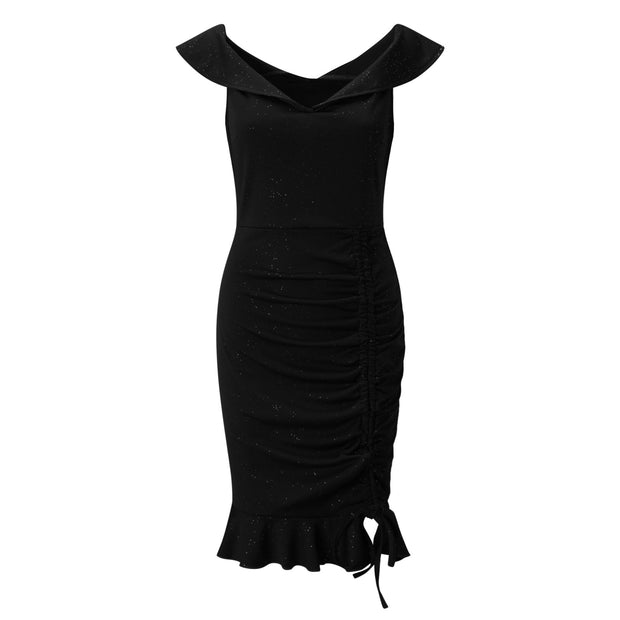 Off Shoulder Shiny Ruched Black Mini Dress