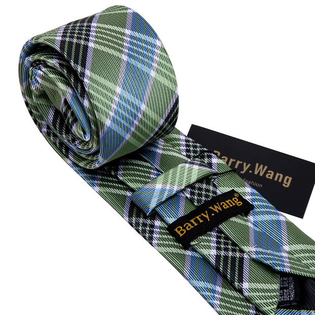 Fashion Green Plaid Men Tie Set Silk Jacquard Necktie Wedding Business