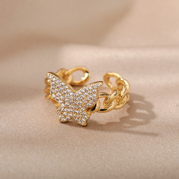 Zircon Butterfly Rings Stainless Steel Twisted Chain Finger Adjustable