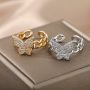 Zircon Butterfly Rings Stainless Steel Twisted Chain Finger Adjustable