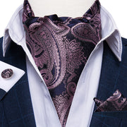 Men Premium Silk Ascot Tie Set Paisley Floral Blue Red Vintage Wedding