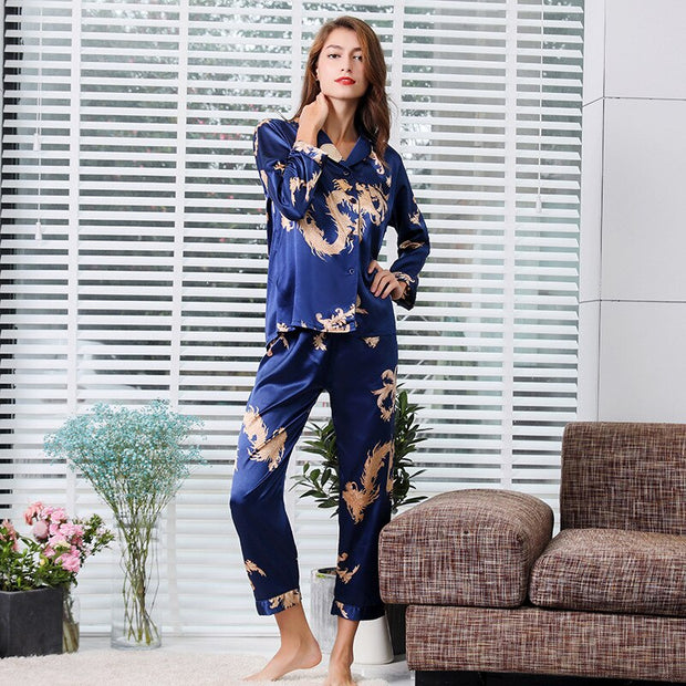 Summer Couple Thin Long Sleeve Nightgown Silk Pajamas for Men Sleepwear