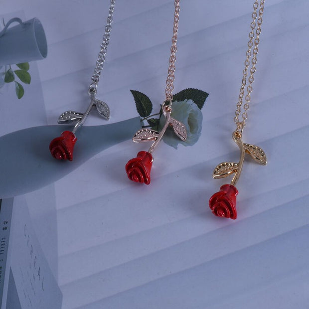 Retro Simple Rose Flower Pendant Charm Party Red Rose Necklace