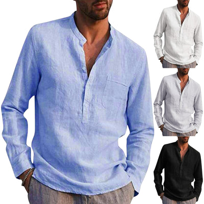 Shirts Stand Collar Solid Color Shirt Long Sleeve Pocket Cotton Shirt