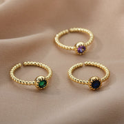 Multicolor Round Bead Zircon Rings For Women Stainless Steel Adjustable