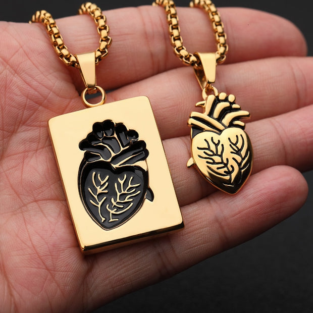 Gothic Anatomical Heart Pendant Necklace Set &amp; Puzzle Couple  Stainless Steel
