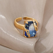 Blue Cubic Zircon Stone Ring For Women Stainless Steel  Square Geometry Finger Ring