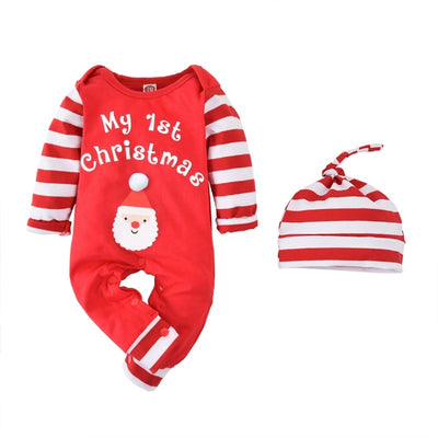 Ins Santa Claus Romper Suit Striped Playsuit Clothes+Hat 2PCS Baby Kids