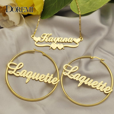 DOREMI One Name Earrings and Necklace set Tile Chain Round Regular Hoops Earrings
