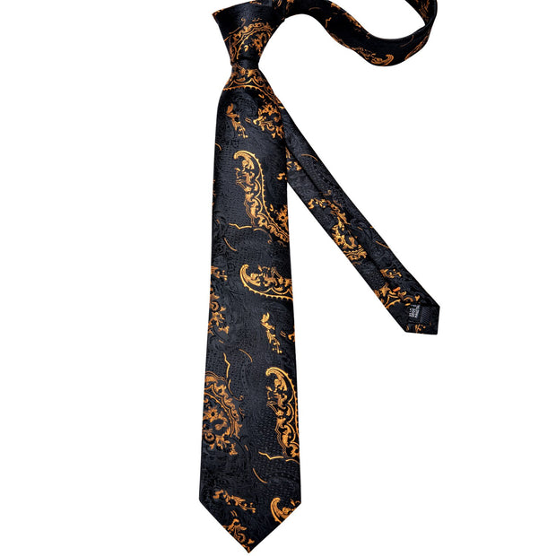 Men Tie Black Gold Paisley Quality Wedding Tie For Men Hanky Cufflink Silk Tie Set