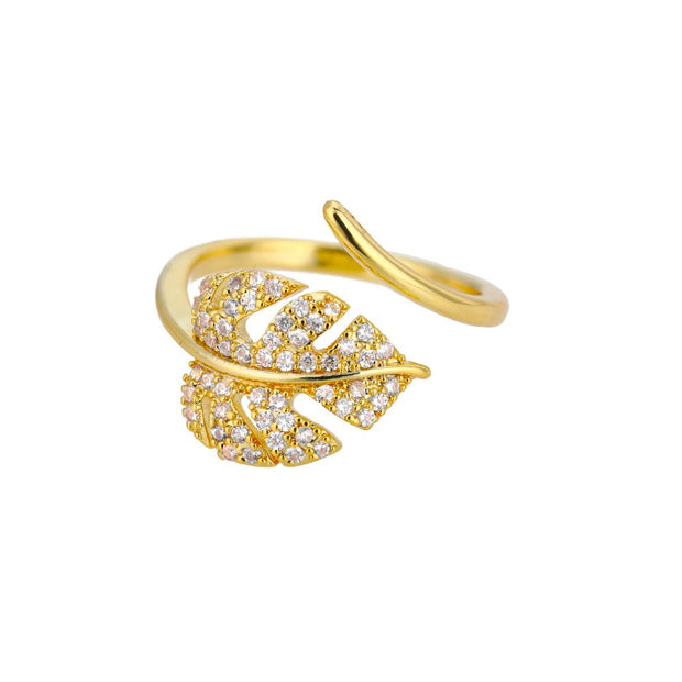 Fashion Palm Leaf Shape Rings For Women Stainless Steel Gold Color Zircon Adjustable