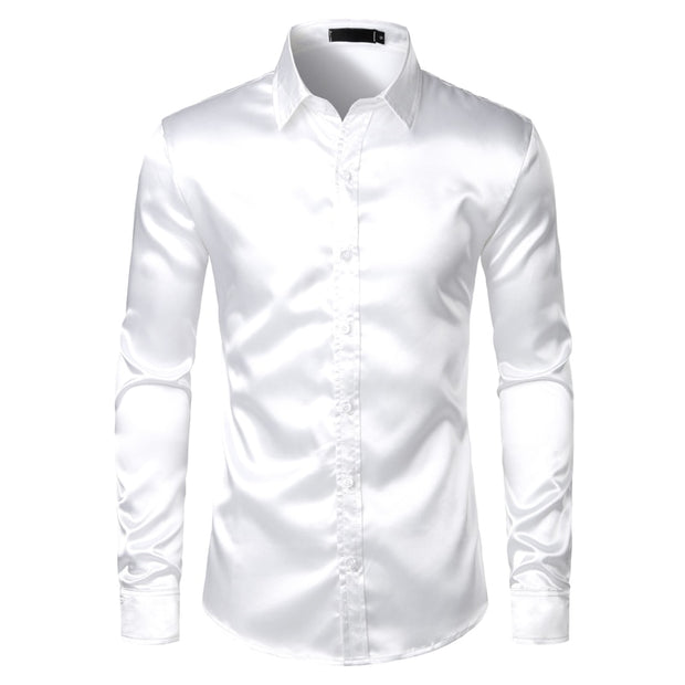 Black Satin Luxury Dress Shirts Silk Smooth Men