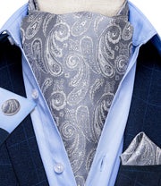 Men Premium Silk Ascot Tie Set Paisley Floral Blue Red Vintage Wedding