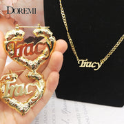 DOREMI Name Earrings and Necklace set Heart Bamboo Earrings 3MM Cuban Chain Custom
