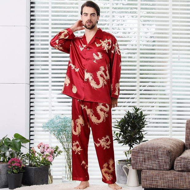 Summer Couple Thin Long Sleeve Nightgown Silk Pajamas for Men Sleepwear